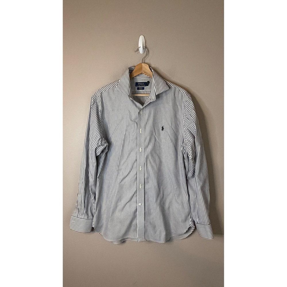 Polo Ralph Lauren Button Down Shirt Mens 16 34/35 Blue Striped Slim Fit Exc